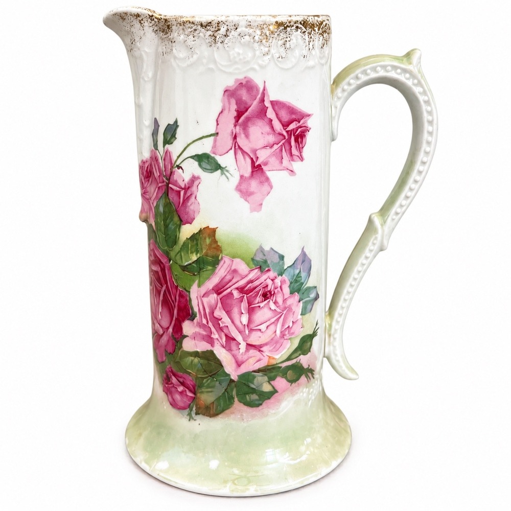 Antique c1900 Porcelain Water Pitcher Pink Roses Gold Gilt Victorian 10"